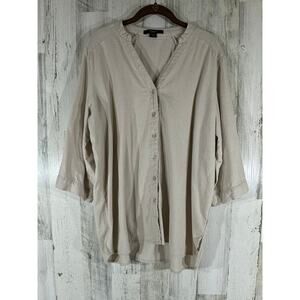 Toxik3 Tunic Size 1X Beige Viscose Linen Blend Button Up Roll‎ Tab Sleeve READ